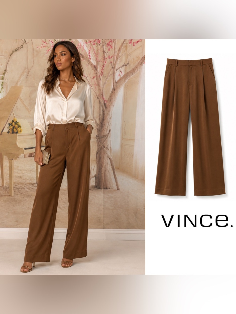NEW Vince Brown Wide-Leg Pleated Pants
